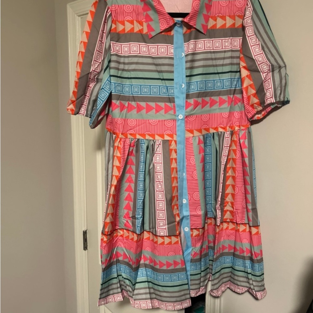 Multicolor Geometric Button-Front Casual Dress